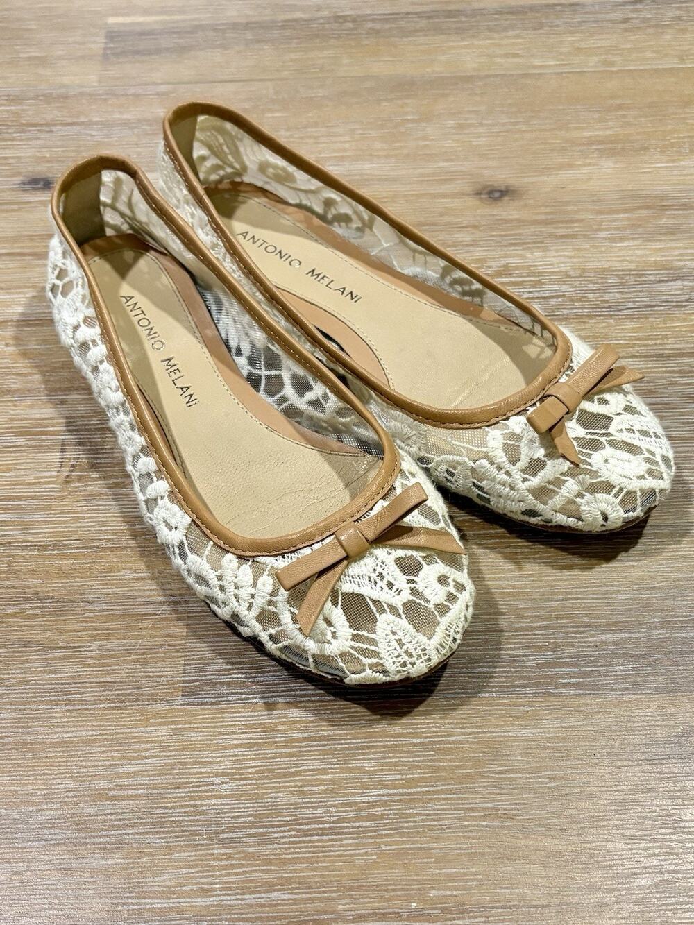 Antonio Melani Women’s Lace Ballet Flats Cream Tan Bow Slip-On Shoes Size 6.5 M